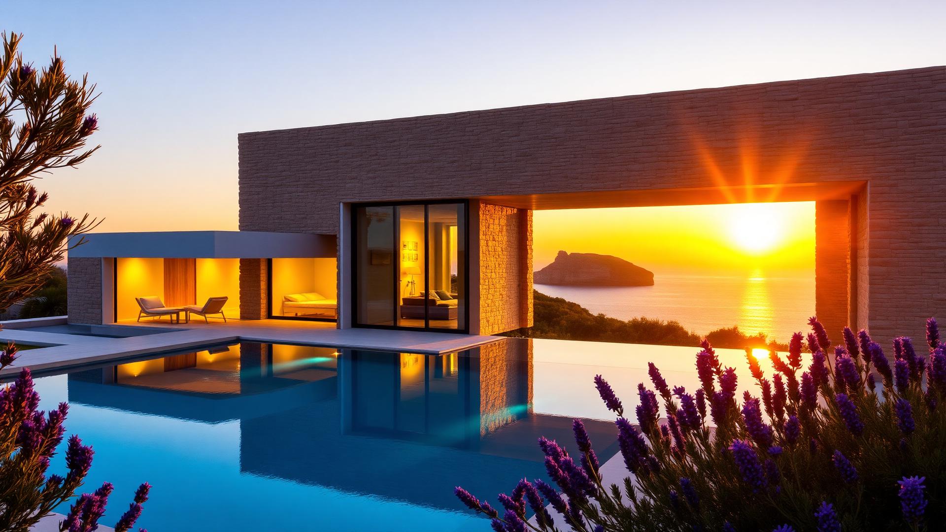 Luxury Ibiza villa at golden hour with infinity pool overlooking the sea